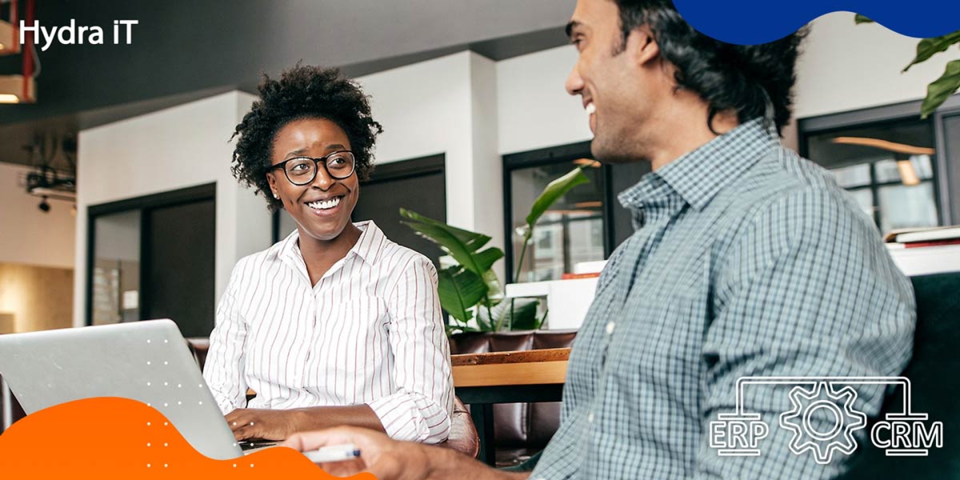 Two people talking about the importance of ERP and CRM
