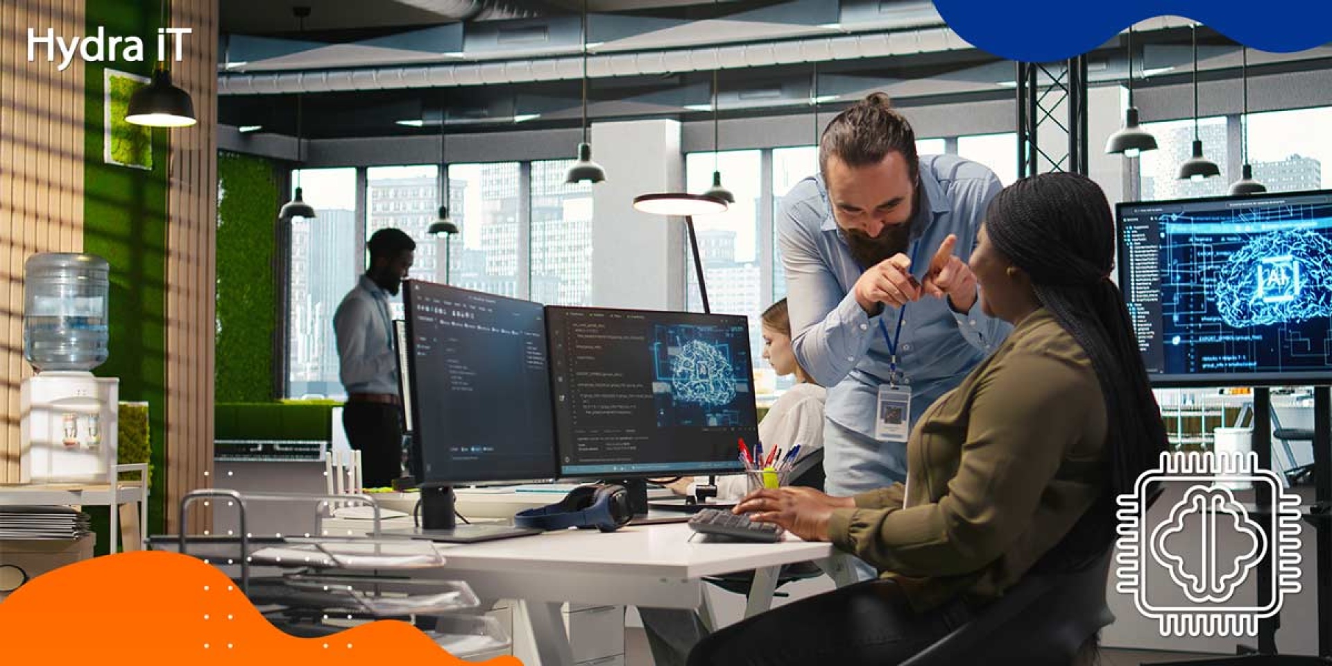 Duas pessoas a utilizar Inteligência Artificial num escritório